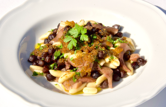 Cavatelli, black chickpeas, and cardoncelli mushrooms