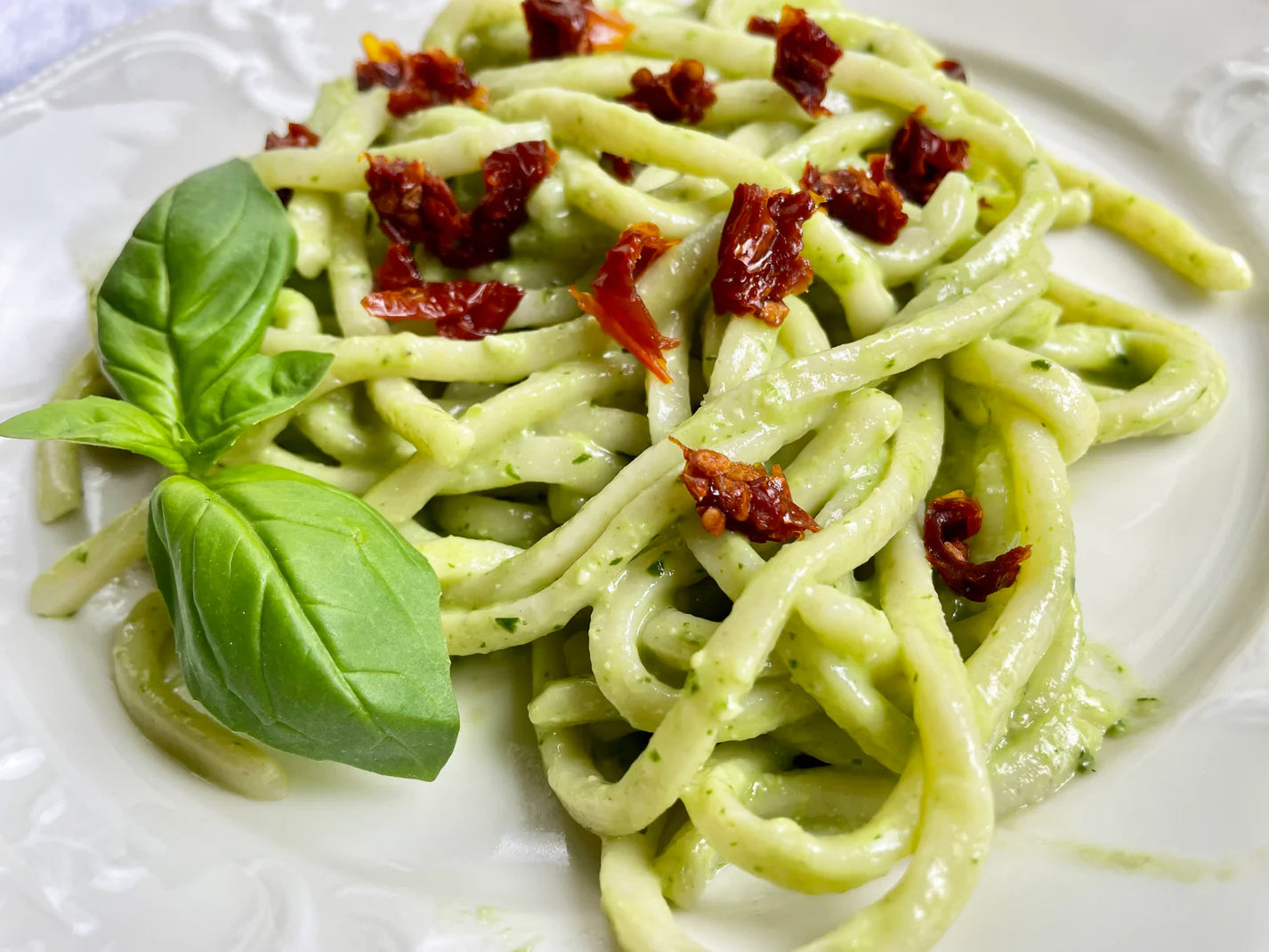 Pici with basil pesto